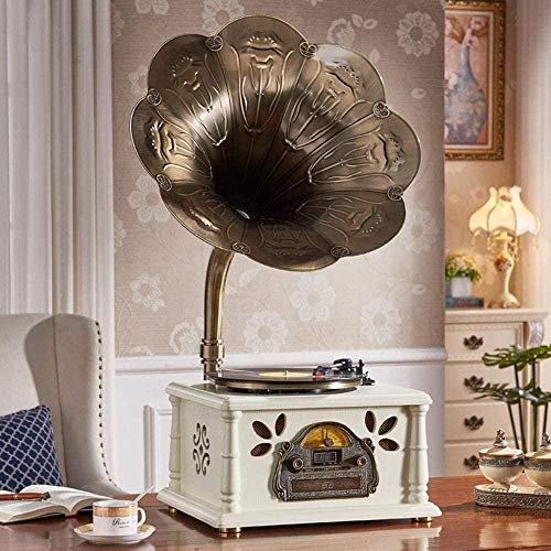 Lecteur Vinyle Vintage, Rétro Big Horn Rétro Machine à Disque Vinyle Multifonction Bluetooth Lecteur Radio CD Ornements Cadeaux Caisson Basses 46 * 36 * 83 cm Gramophone