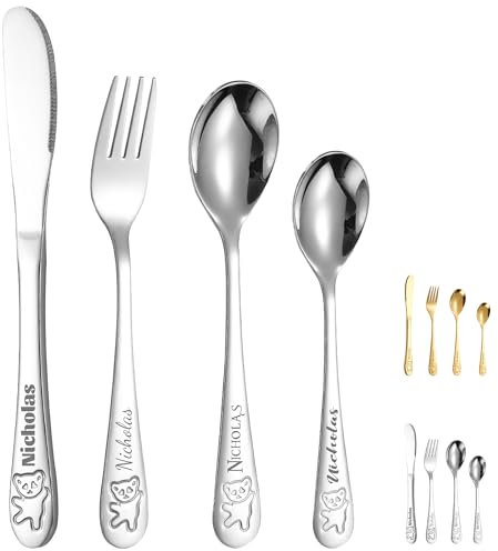 Customized Toddler 4pcs Set Tableware, BUGMKCS Personalized Kids Utensils and Toddler Supplies, 304 Stainless Steel Children Forks and Silverware with Name for Feeding, Kids Cutlery Set