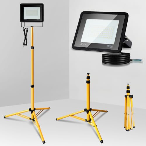Jopassy LED Baustrahler Arbeitsleuchte mit Stativ, 50W 3000K Warmweiß Arbeitsstrahler, IP66 Wasserdicht, 4250LM Baulampe, Led Baustellenlampe Höhenverstellbares Stativ und 1m Kabel (Kein Stecker)