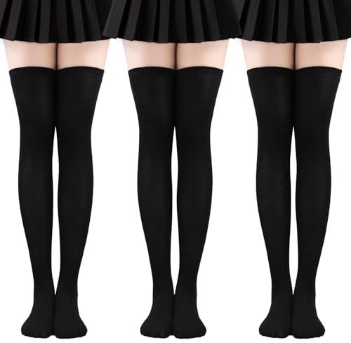 EUPSIIU 3 Pares Calcetines Hasta la Rodilla Mujer, Calcetines Largos, Sobre la Rodilla Medias Hasta el Muslo, Calcetines Altos Muslo de Cosplay Casual, Calcetines de Uniforme (Negro)