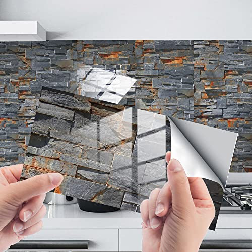 Fliesenaufkleber Steinstil Selbstklebende Klebefliesen, Wandfliesen Aufkleber,Wasserdicht Fliesensticker Fur Kuche Badezimmer Dekorative Stickerfliesen,Wohnzimmer Dekoration