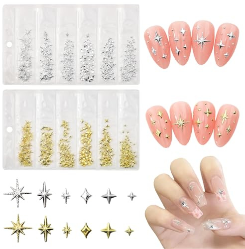 Kabwea Lot de 400 Breloques Étoiles 3D pour la Conception des Ongles - Dorées, Superposées