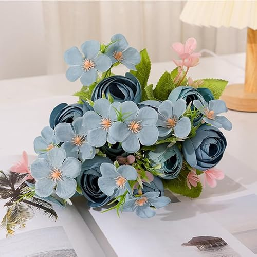Nvzi Lot de 3 fleurs de camélia artificielles en soie pour bouquet d'hortensia vintage pour mariage (bleu)