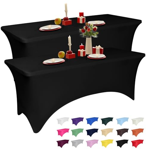 2 Pack 6 Feet Black Spandex Tablecloth for Rectangular Tables, Fitted & Stretch, Washable, Wrinkle Resistant, Perfect for Event, Wedding, Party, Banquet, Cocktail, Festival, and Table Protector