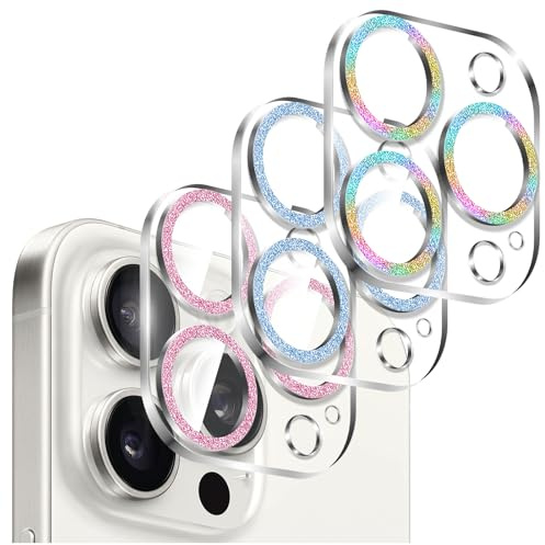 Kucheed 3 Pezzi Protezione per Fotocamera Lucida per iPhone 16 Pro/iPhone 16 Pro Max, Scocca in Acrilico Monoblocco con Decorazione Colorata con Glitter Cover Posteriore per Fotocamera