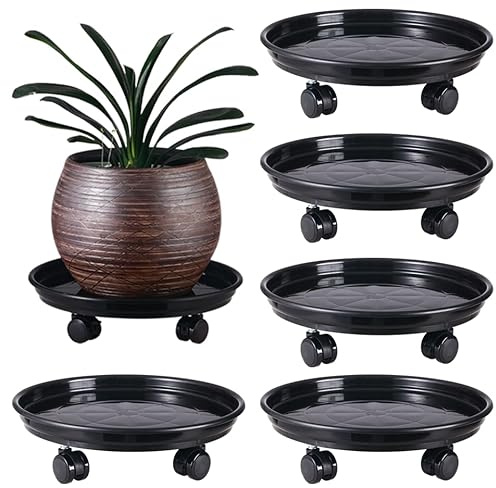 Paquete de 5 organizadores grandes para plantas con ruedas de poliuretano de 12 pulgadas, soportes rodantes de plástico resistente, base de rodillo para plantas, platillos con ruedas, para interiores