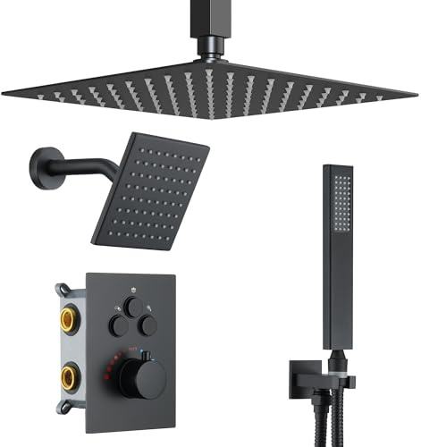 JetsBath Thermostatic Dual Shower Heads System with Ceiling 12-Inch Rainfall Shower & Wall Mount 6-Inch High Pressure Shower Head, Matte Black Full Body Shower Faucet Set with Handheld