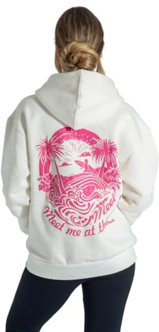 Lang Horn Teen Girls Oversized Graphic Hoodie, Pink Puff Print, Y2K Streetwear Long Sleeve Pullover Large Cream