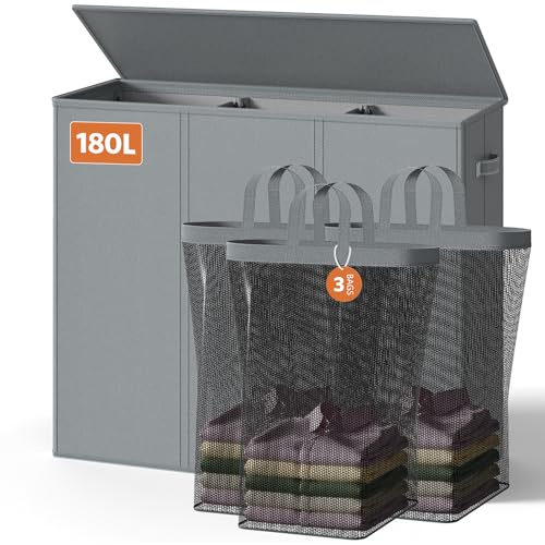 LAMU Wäschekorb 3 Fächer, Wäschesammler 180L Wäschekorb mit Deckel, 3 Fächer und 3 Wäschesack Herausnehmbar, Schnellaufbau, Wäschesortierer für Badezimmer, Schlafzimmer, Wäschekammer, Grau