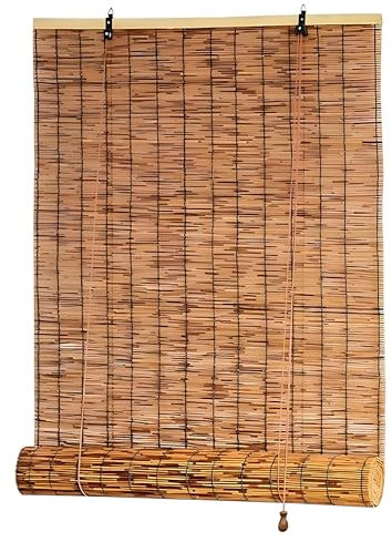 HRXQ Bambusrollo Wetterfest Innen Und Außenbereich Schilf Vorhang Retro Sonnenschutz Bambus Rollo Jalousien Mit Zugseil, Größe Anpassbar 60 70 80 90 100 120 140cm Breit