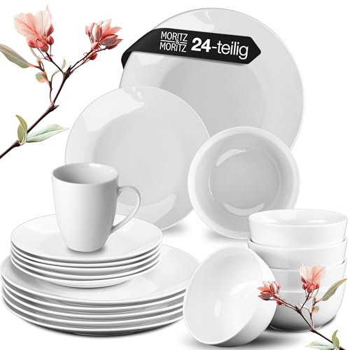 Moritz & Moritz Geschirrset 6 Personen mit Kaffeetassen - 24tlg. Geschirr Set aus Porzellan Weiß – Teller Set mit Speiseteller, Dessertteller, Müslischale & Tassen – Serie Basic