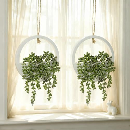 PlusFive 2 Stück Künstliche Sukkulenten Hängepflanzen,52cm Künstliche Perlenschnur Pflanzen Wie Echt, Gefälschte Perlenkette im Topf für Drinnen Draußen Fensterdeko Wanddeko Wohnzimmer Balkon Deko