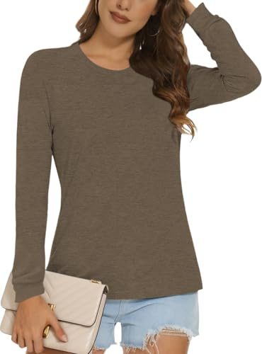 Cuptacc Longsleeve Damen Basic Leicht Casual Große Größen Herbst Winter Pullover Elegant Einfarbig Bequem Langarm T Shirt Damen Kaffeegrau L Groß