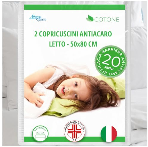 Allergosystem 2pz Copricuscino Antiacaro - Federa Cuscino Letto Cotone 50x80cm - Dispositivo Medico Antiacaro e Anallergico MADE IN ITALY - Linea Cotone