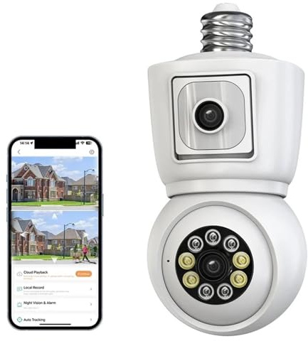 CUDTAPI Telecamera 4K 6MP E27 Lampadina Doppia Lente Doppio Schermo Monitoraggio Automatico Audio bidirezionale Visione Notturna a Colori Telecamera di sorveglianza Esterna(Only Camera)