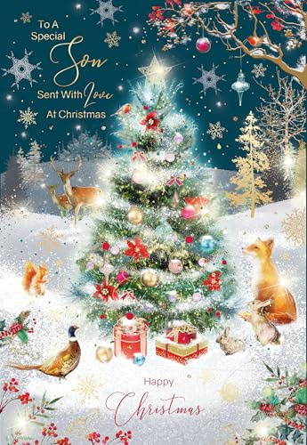 Cherry Orchard | Son Christmas Card | Christmas Card for Son | Festive Christmas Tree and Woodland Animals | Shimmering Gold Foil details