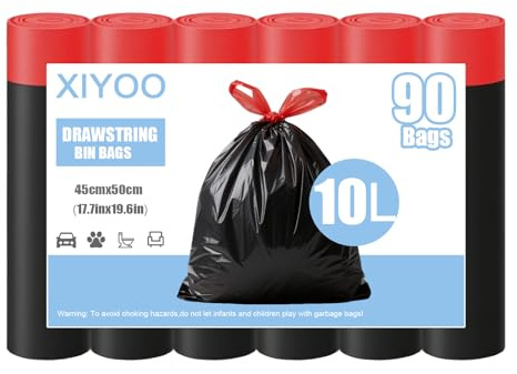 XIYOO Bin Liners 10L Bin Bags Small Trash Bags for Bathroom 90 Counts Toilet Rubbish Bags with Tie Handle Waste Paper Bin Bags Drawstring Thick Pedal Garbage Bags fit 6-12L Trash Bin