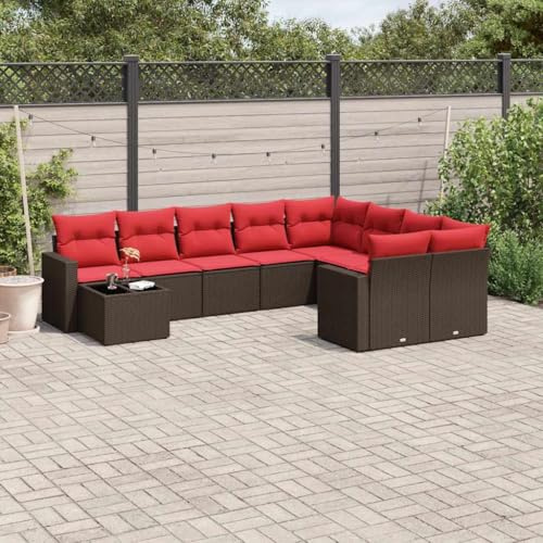 Teenpull 10-TLG. Trädgårdssoffa med kudde brun poly rotting, utomhusmöbler set för terrass balkong, modulär loungesoffa med glasbord