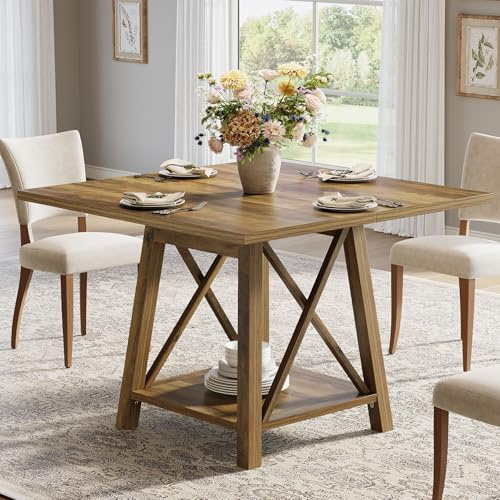 Tribesigns Tavolo da pranzo quadrato per 4 persone, 100 x 100 x 75 cm, piccolo tavolo da cucina con base a colonna, tavolo da pranzo in stile rustico per sala da pranzo, cucina e soggiorno