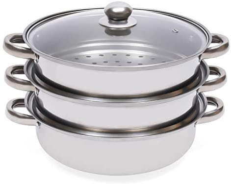 Cuiseur vapeur 3 en 1, en acier inoxydable, avec 2 inserts et couvercle en verre, polyvalent, pour induction/gaz/cuisinière, passe au lave-vaisselle, 32,5 cm, pour une alimentation saine