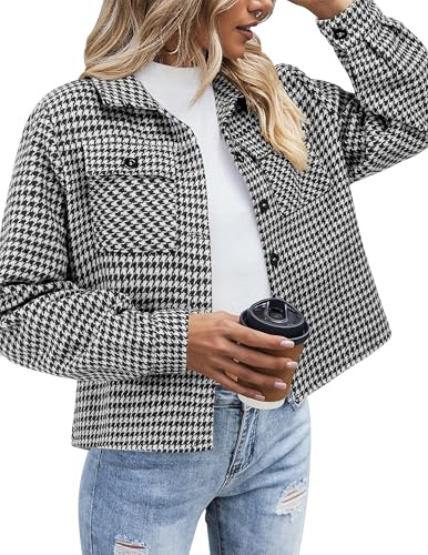 Zeagoo Veste en Flanelle à Carreaux pour Femme Veste Courte à Manches Longues Revers Shacket à Boutons