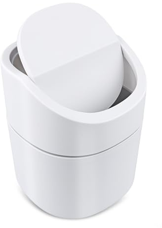 Pecihiko Mini Desk Bin, Plastic Desktop Trash Bin with Swing Lid, 2L Small Office Table Bin for Bathroom, Office, Kitchen, Bedroom, Toilet White (2L)