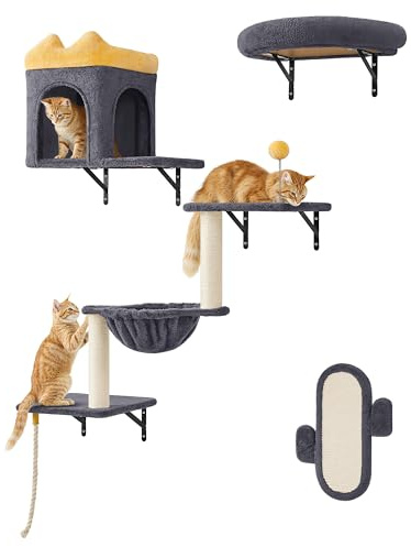 Yaheetech 4 in 1 Cat Wall Furniture Set with Scratching Posts, Dark Grey | Wall-Mounted Cat Shelves, Cat Tree for Indoor Cats, Perches, Condos House, Baskets, Cat Climbing Frame Set