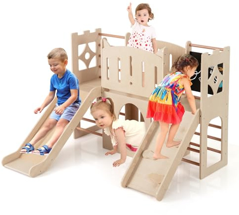 RELAX4LIFE 8 in 1 Set da Arrampicata per Bambini, Parco Giochi in Legno con Scivolo, Tavola, Scaletta, Lavagna e Tunnel, Giochi Montessori Educativi per Bambini 3+ Anni