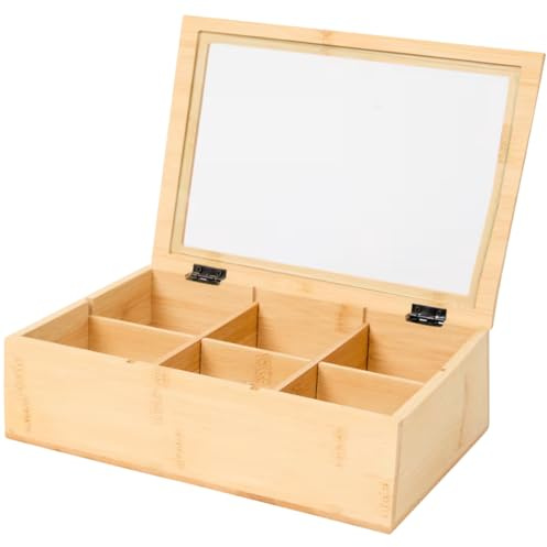 Generico Organizer in Bambu' MULTIUSO, Organizzatore a 6 Scomparti Coperchio Trasparente, con Finitura in Legno Bamboo Naturale, Utile Cucina Tea Bag, Box Storage REGALO Porta GIOIE