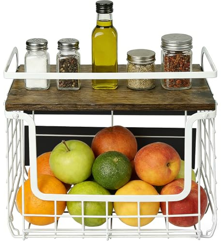 HUOLE Corbeille a Fruit en Métal Panier à Fruits Mural Rangement de Cuisine pour Légumes,Basket pour Rangement,Epices, Panier Mural, 30,5 x 16 x 26 (2 pièces) Blanc