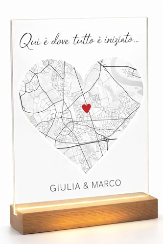 Placa luminosa personalizada con mapa del lugar – Donde todo comenzó – Acrílico transparente con base de madera multicolpore – Regalo pareja, aniversario, novio, boda
