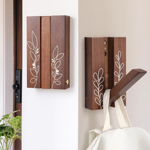 KYIAANY Rustic Folding Wall Hooks: Decorative Wooden Coat Hooks 2Pack Mounted for Heavy Duty Hanging Towels Backpacks Bags Hats, Space Saving Home Decor for Aesthetic Homeowners