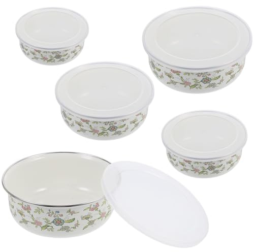 TOYANDONA 5 Pezzi Ciotole Smaltate con Coperchio Ermetico Trasparente Scodelle Multiuso per Frutta Insalata e Zuppa Contenitori per Alimenti con Conservazione Freschezza per Cucina