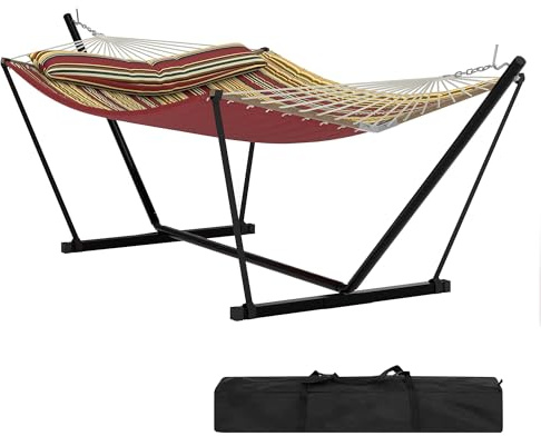 Garvee Hamaca para 2 Personas con Soporte Metálico y Barra de Madera Resistente - Acolchada y Antidesgarro - Portátil para Jardín, Patio o Playa - Rayas Rojas y Amarillas