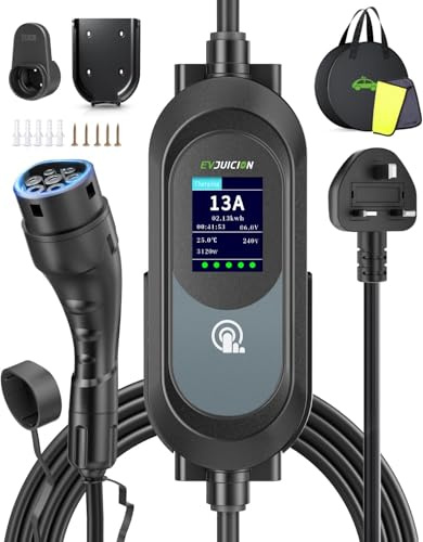 Evjuicion 3 Pin Plug EV Charger, 3 Pin EV Charger, 8M 3.1kW 6-13A Portable Electric Car Charger up to 12H Delayed Start Charging with 2.4″ LED Screen, IP67 for EVs & PHEV