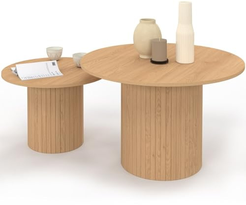 IDMarket - Lot de 2 Tables Basses gigognes Juliette Rondes Effet Lattes | 50/70 cm, effet lattes tasseau bois coloris chêne