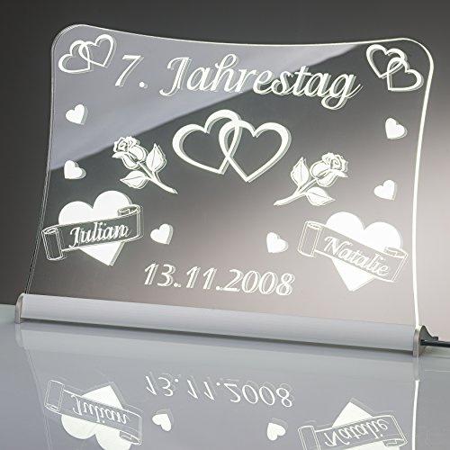 LED Acrylglas Schild Jahrestag, 30x20 cm, mit persönlicher Laser Gravur (weiß)