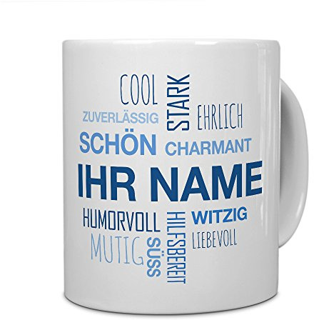 printplanet® Tasse mit Namen personalisiert - Motiv Positive Eigenschaften (Modern) Blau individuell gestalten - Farbvariante Weiß