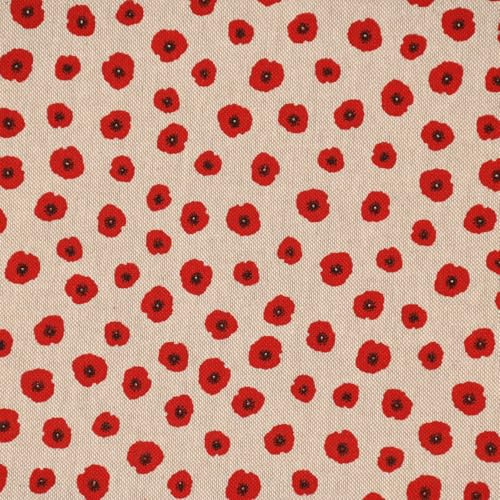 SCHÖNER LEBEN. Dekostoff Leinenlook Poppy Happy Mini-Mohnblüten Natur rot 1,40m