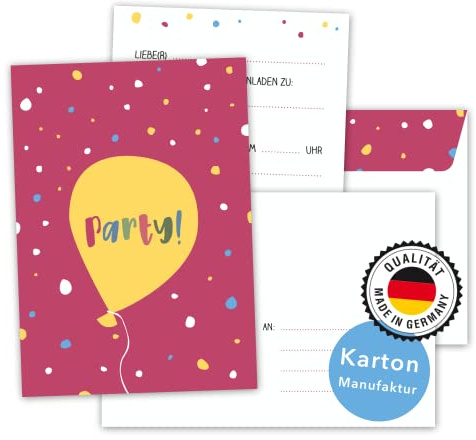 Decento® Einladungskarten Geburtstag Party - 8 Karten mit Umschlag für Mädchen Jungen - Einladung für Kindergeburtstag, Feier, Fete - Luftballon Punkte Design - Postkarten für Kinder Erwachsene