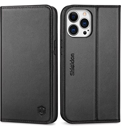 SHIELDON Echtleder Hülle für iPhone 13 Pro 6,1, Schwarz | Schützt vor Stößen, Kartenfach, Standfunktion, TPU Schutzhülle, Erstklassige Lederhülle, Magnet Handyhülle