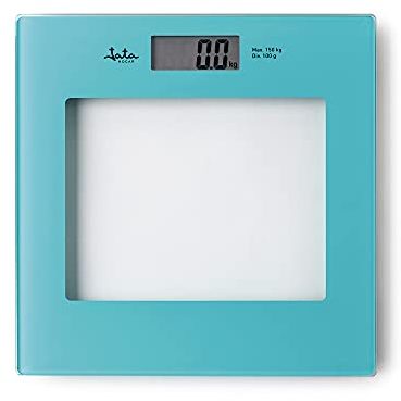 Jata HBAS1290 Digitale Personenwaage, LCD-Display, hohe Präzision, extra flach, Kapazität von 150 kg, Glasplattform, automatische Abschaltung, inklusive Batterie, Blau