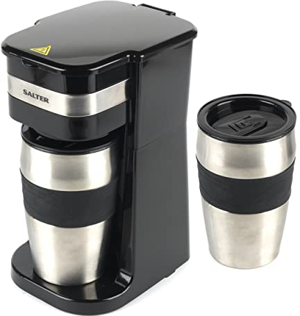 Salter COMBO-7868 Personal Filter Coffee Machine with Two 420ml Stainless Steel Travel Mugs, Coffee to Go, Perfect for Camping or Hiking, Ready Indicator Lights, Compact and Convenient, 700W, Silver