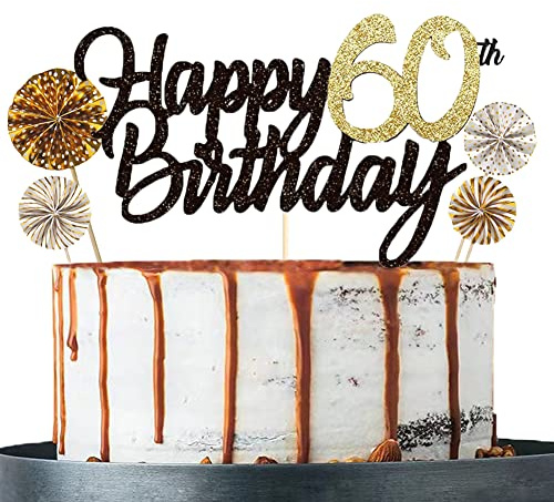 Tortendeko 60 Schwarzes Gold set Doppelseitiges Glitzerpapier Happy Birthday Cake Topper für Geburtstag Deko 60