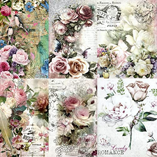 Rosen-Themen-Maulbeer-Reispapier, 20,5 x 26,5 cm, 6 x verschiedene bedruckte Maulbeerpapier-Bilder, 30 g/m², sichtbare Fasern für Decoupage-Bastelarbeiten, gemischte Medien, Collagen-Kunst