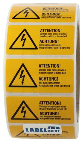 Labelident Warnaufkleber W012 - Warnung elektrische Spannung - 51 x 25 mm - 1.000 selbstklebende Warnzeichen 1 Rollen, PE-Folie (Polyethylen)