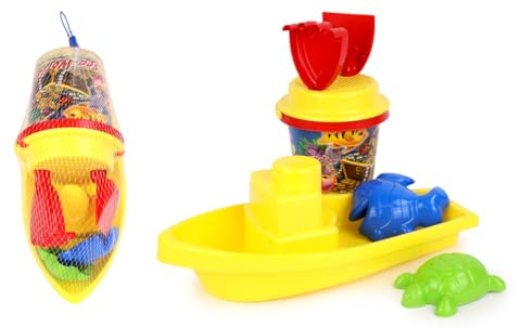 BLUE SKY - Barco y Accesorios - Juego de Playa - 045604 - Multicolor - 7 Piezas - Plástico - 32 cm x 17 cm - Juguete Infantil - Juego al Aire Libre - A Partir de 12 Meses