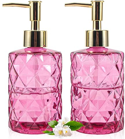 GOYISEE Glas-Seifenspender – 2 Stück, 340 ml, Diamant-Design, nachfüllbare Handseifenspender, Mundspül- und Lotionspender für Küche, Badezimmer (Rose)