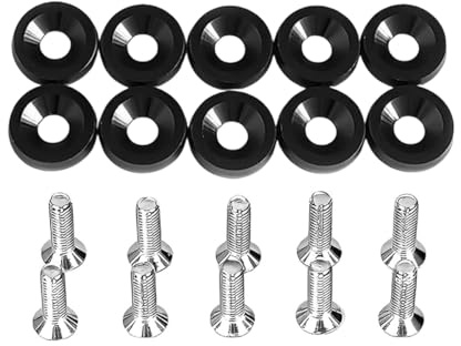 JNNJ 10 Pièces Rondelles En Aluminium Anodisé Avec Boulons Pour Pare-Chocs, Joints De Vis De Plaque D'immatriculation, Rondelles En Aluminium Anodisé M6 Et Vis Pour Moteur De Voiture(Noir)