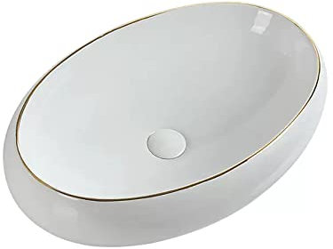 Aufsatz-Waschschale Ovales, weißes Keramik-Waschbecken und Pop-Up-Ablauf-Kombination, moderne Ei-Form über der Theke, Badezimmer-Waschtischschüssel, elegante Goldranddekoration Waschtisch (Size : 61c